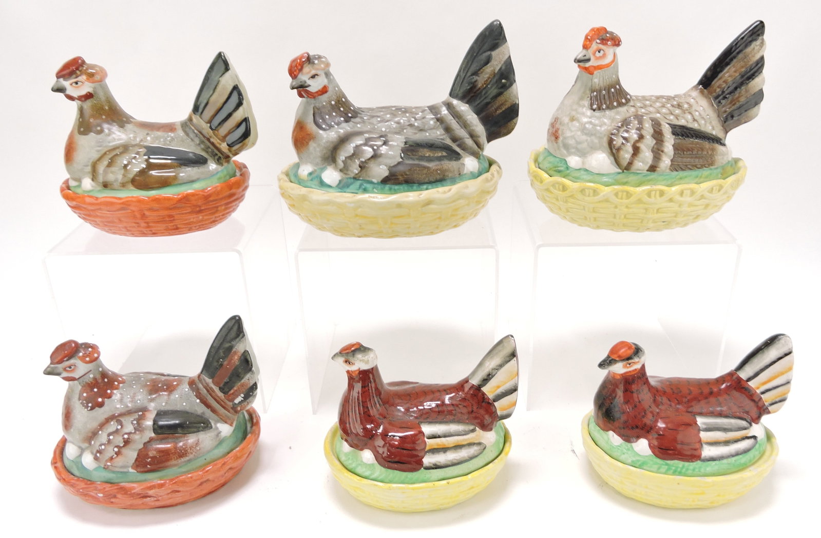 Staffordshire lot of 6 hens on nests,: 4 1/2" to 6"h