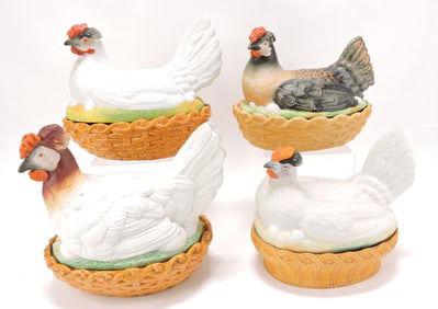 Staffordshire lot of 4 hens on nests,