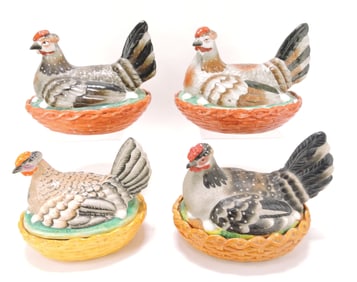 Staffordshire lot of 4 hens on nests,