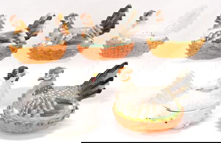 Staffordshire lot of 5 hens on nests,