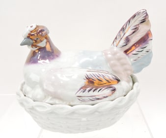 Staffordshire rare pink luster hen on