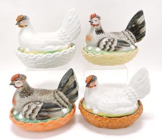 Staffordshire lot of 4 hens on nests,