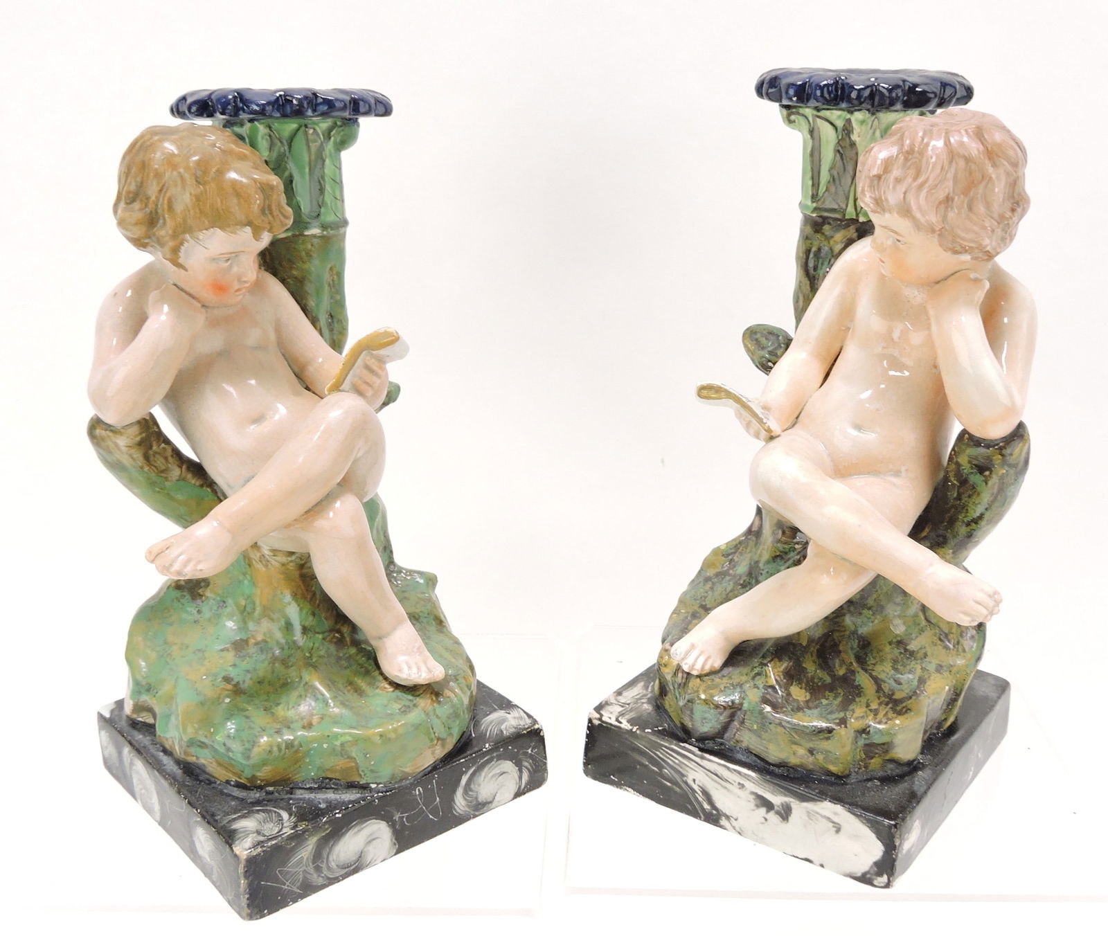 Staffordshire Pearlware pair of candle: holders, 7", various condition