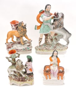 Staffordshire lot of 4 figures with lions,