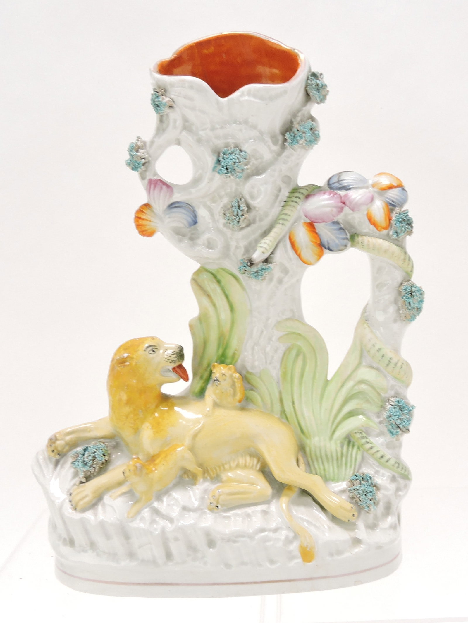 Staffordshire lion with cubs spill vase,: 11"