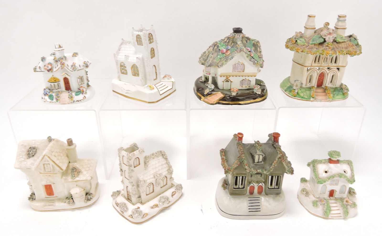 Staffordshire lot of 8 pastille burners,: 3 1/2" to 6", various condition