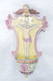 Staffordshire pink luster holy water font,