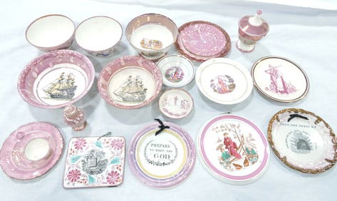 Pink luster lot of 19 assorted items,