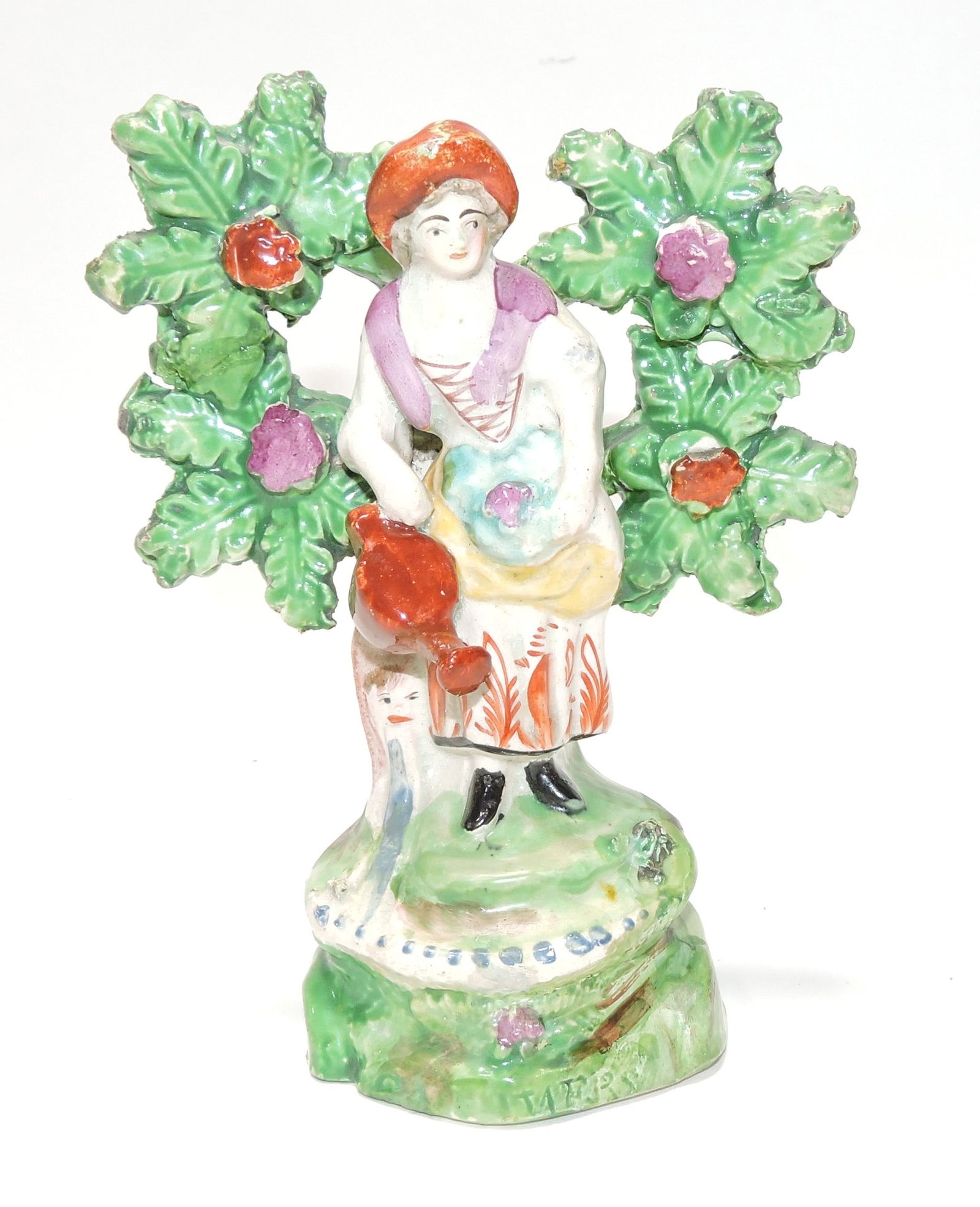 Staffordshire figure of Little Lady Gardener: with bocage, made by Salt Pottery, circa 1820, 5 1/2"