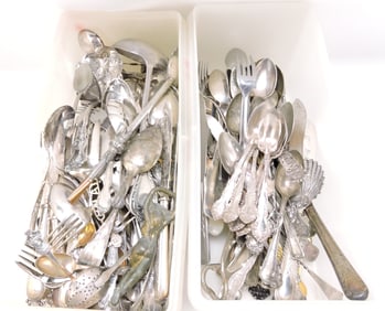 2 large totes of assorted silver flatware