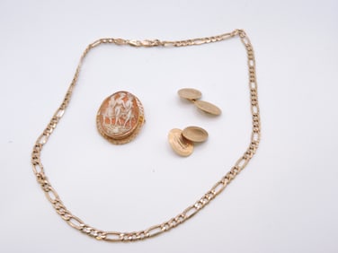 10kt gold necklace, cameo, and pair