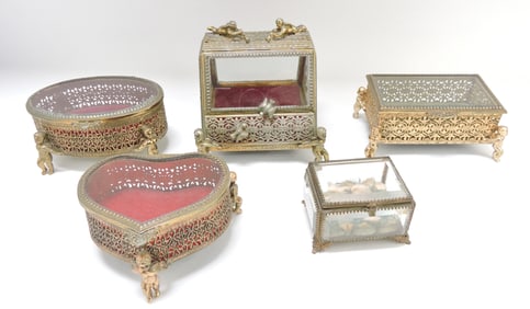 Lot of 5 brass & glass jewelry boxes