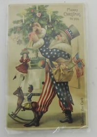 Uncle Sam Santa mechanical postcard