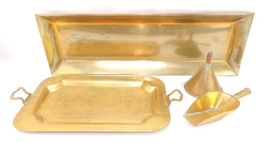 Brass lot of 4 items - 2 trays, scoop,