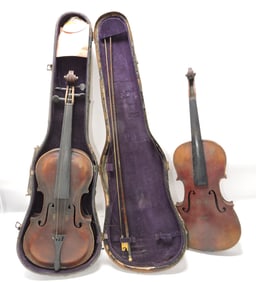 Lot of 2 early violins, one with bow and