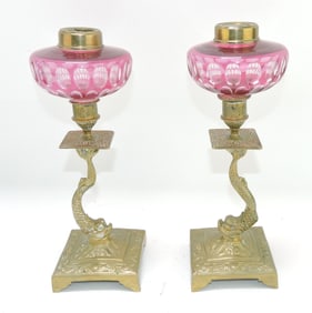 Pair of oil lamp bases with brass