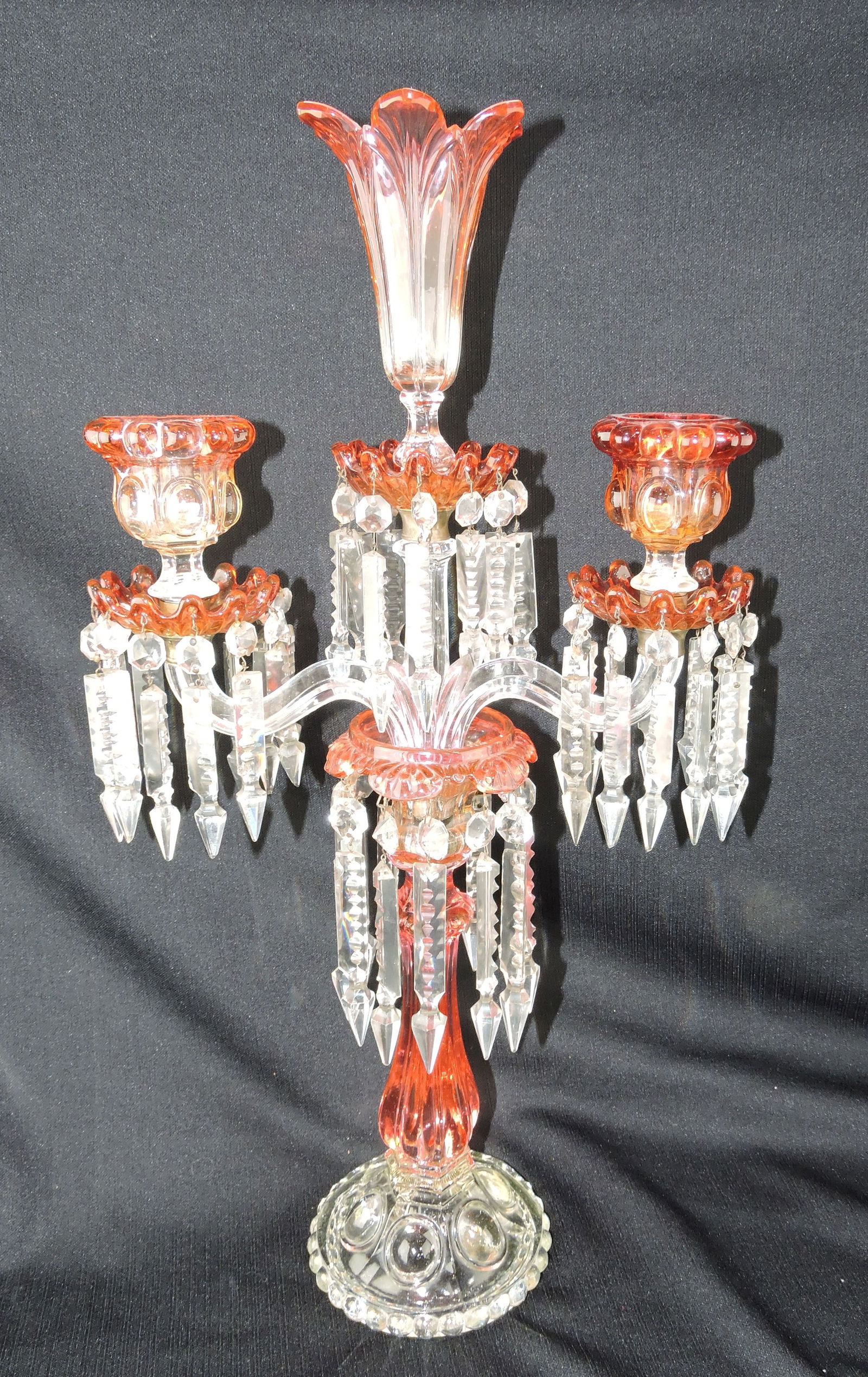 Baccarat amberina three lite candelabra: with prisms and extra candle ring with prisms, 24"