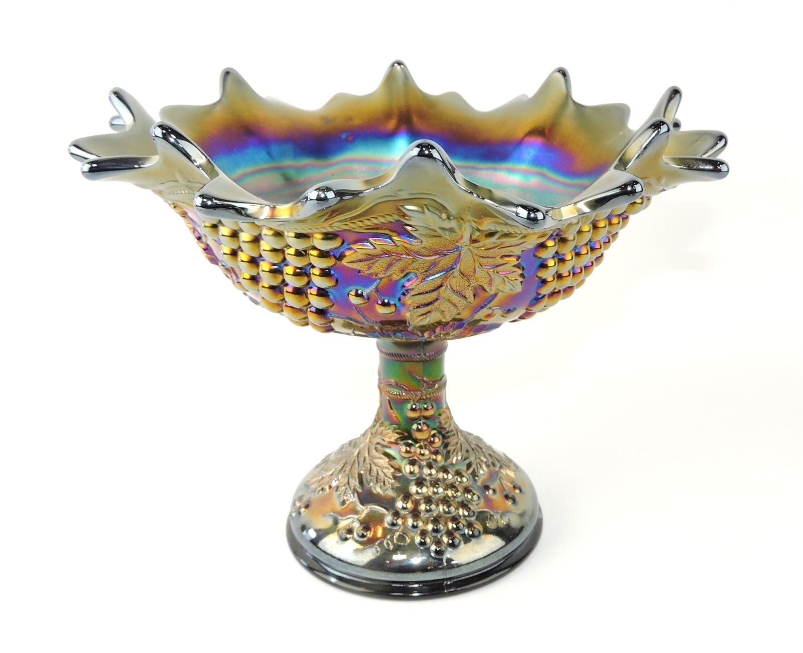 Northwood amethyst carnival glass: grape and cable comport, 8 1/2"x10 1/2"