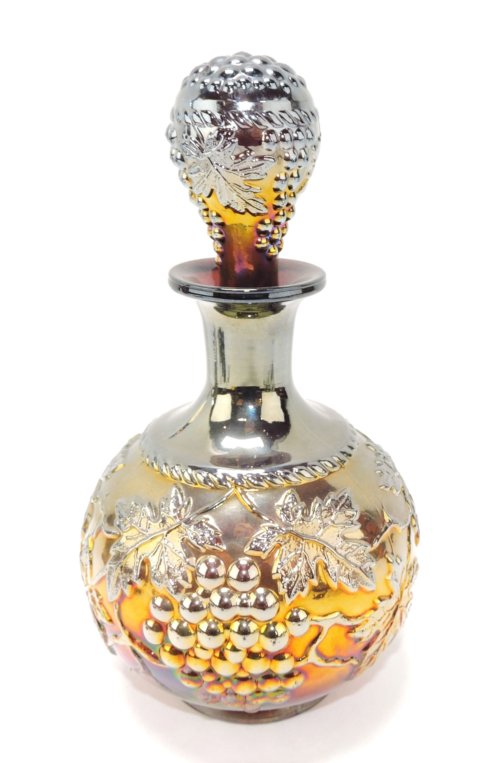 Northwood amethyst carnival glass: grape and cable cologne bottle 7 1/2"