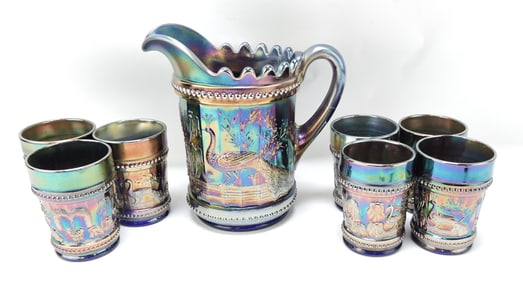 Dugan cobalt carnival glass 8 piece