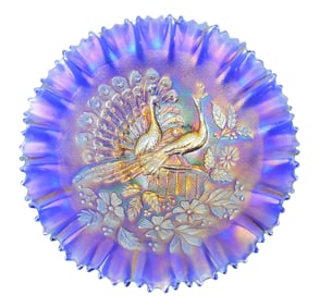Blue carnival glass 'Peacocks' bowl,