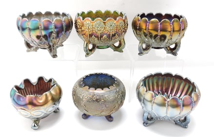Carnival glass lot of 6 rose bowls,
