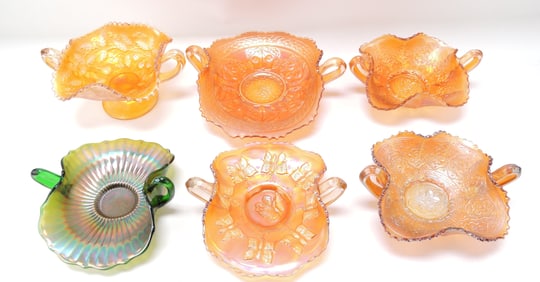 Carnival glass lot of 6 tow handled