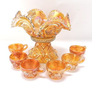 Marigold carnival glass two piece