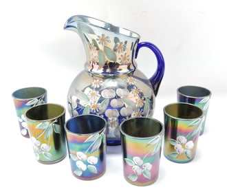 Blue carnival glass enameled 7 piece