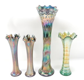 Carnival glass lot of 4 vases,
