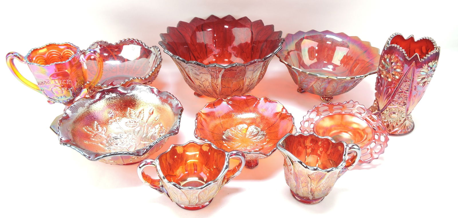Red carnival glass lot of 10 pieces,: 3" to 10"