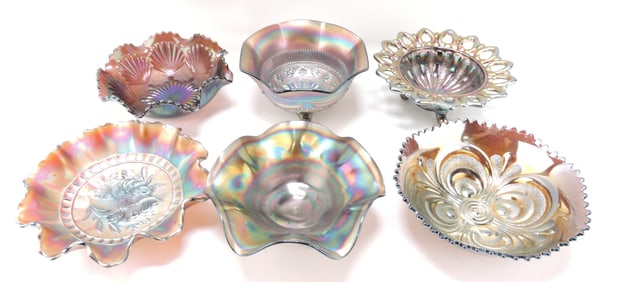 Amethyst carnival glass lot of 6 bowls,