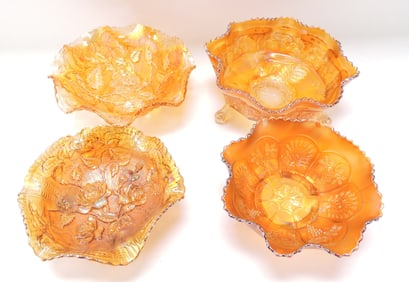Marigold carnival glass lot of 4 bowls,
