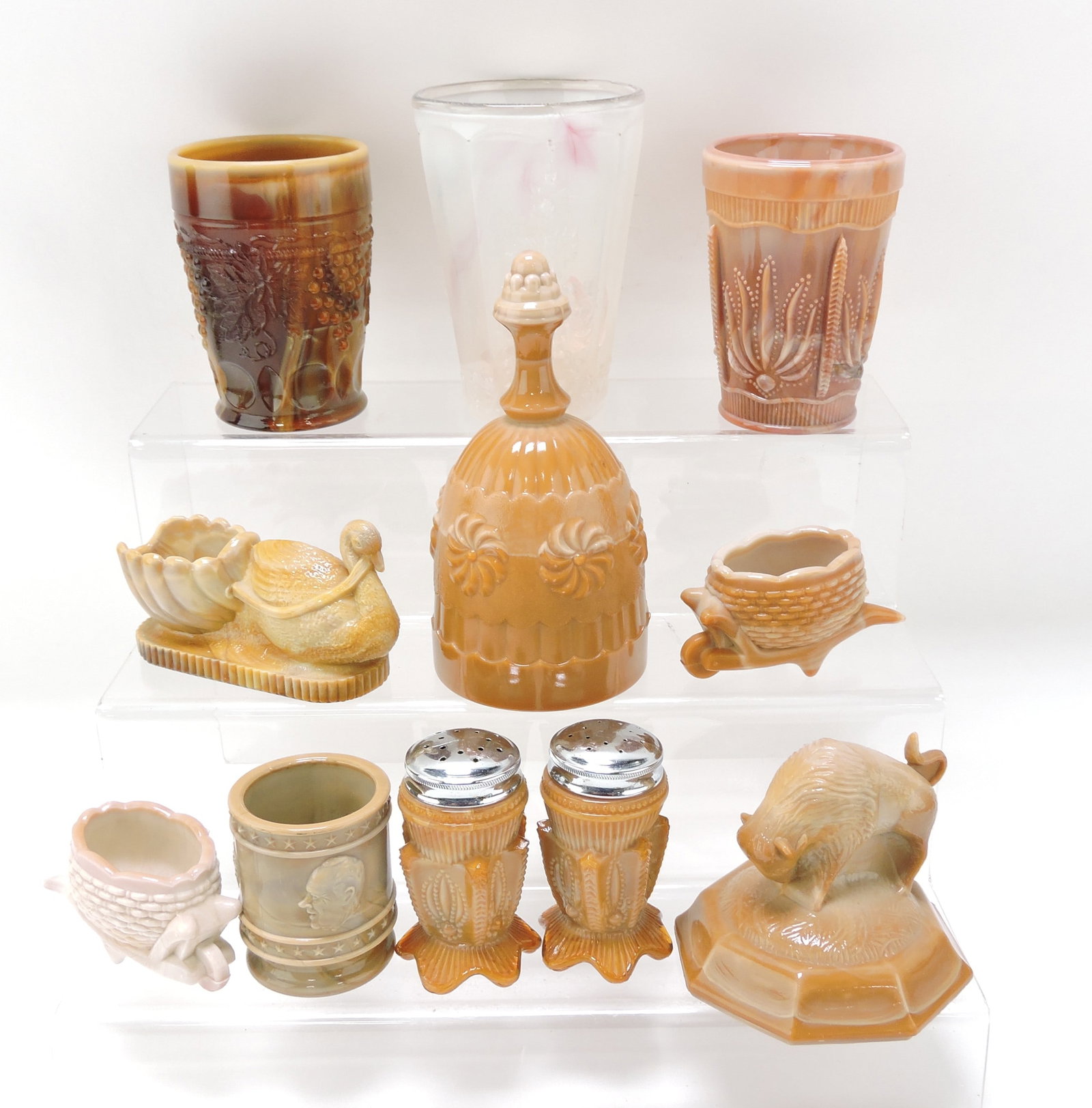 St. Clair chocolate glass lot of: 10 pcs and an opalescent tumbler purchased from Pop St. Clair