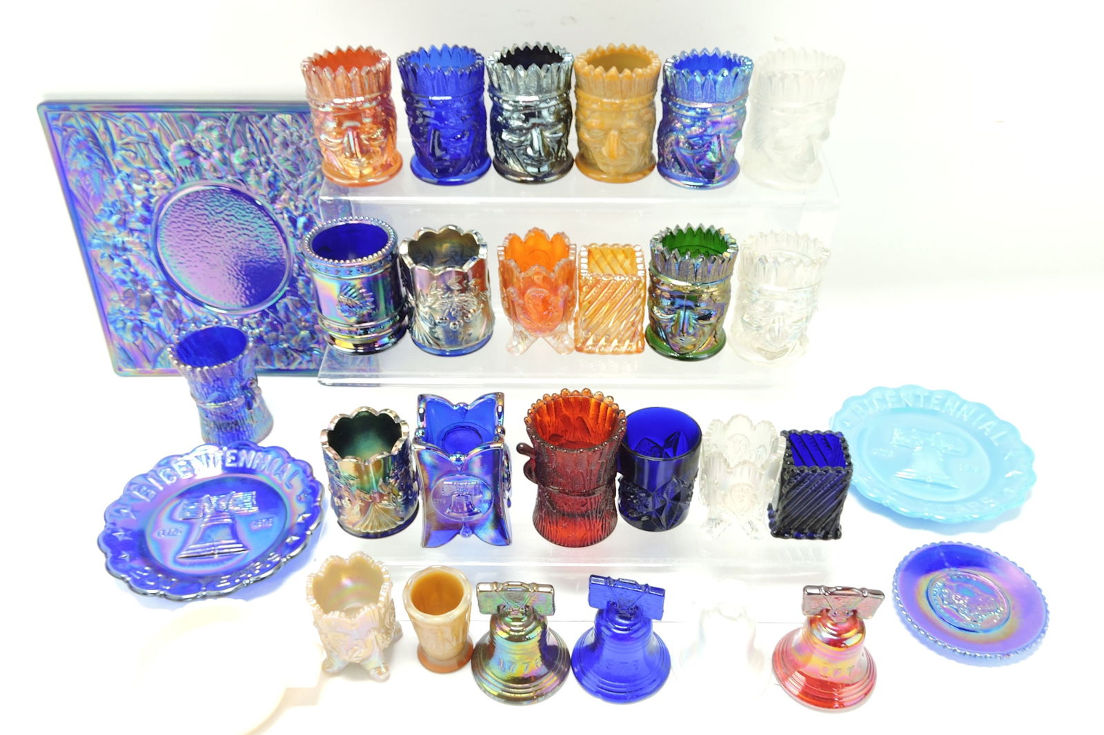 St. Clair group - 21 toothpick holders,: 4 bells, 3 plates, 8" tile, and Aladdin Alacite ashtray