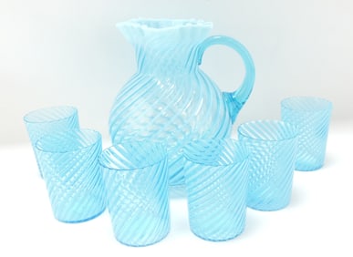 Blue opalescent swirl 7 pc water set,