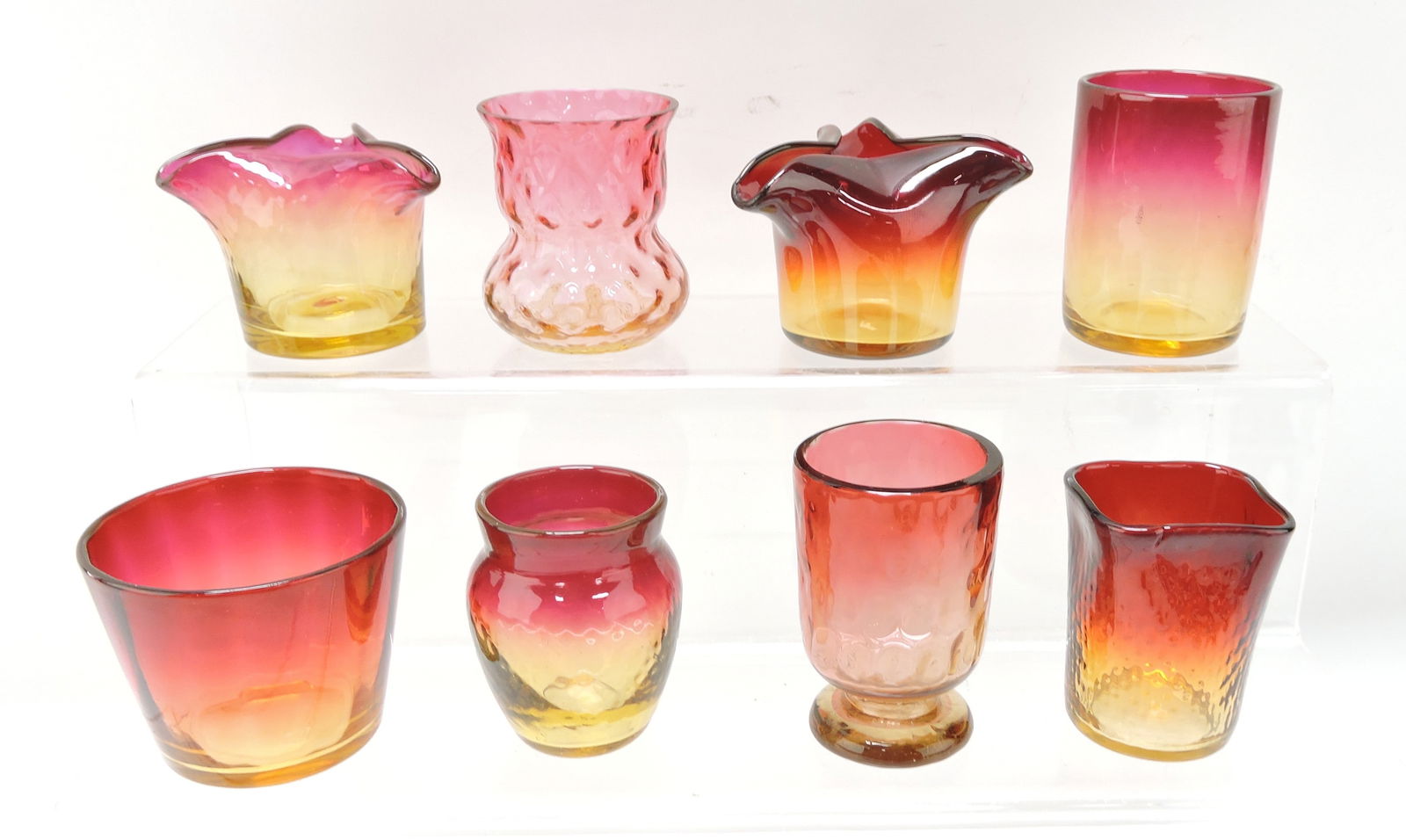 Amberina lot of 8 toothpick holders,: 2 1/4" to 2 3/4"