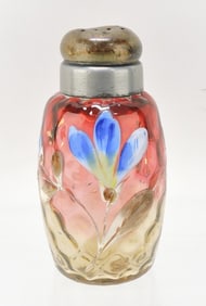 Amberina glass floral enameled shaker,