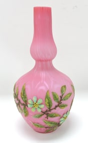 Pink satin bottle vase with coralene
