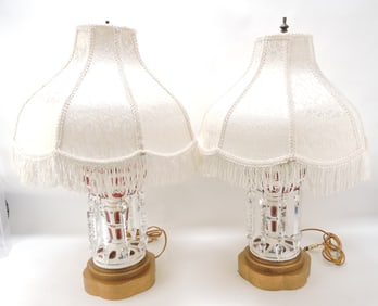 Pair of cranberry cut cased candle