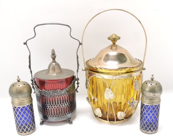 Pickle castor, biscuit jar, and pair of