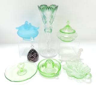 Lot of 8 glass items, base chip to tall vase,