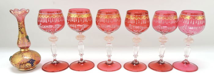 Moser enameled vase and 6 cranberry