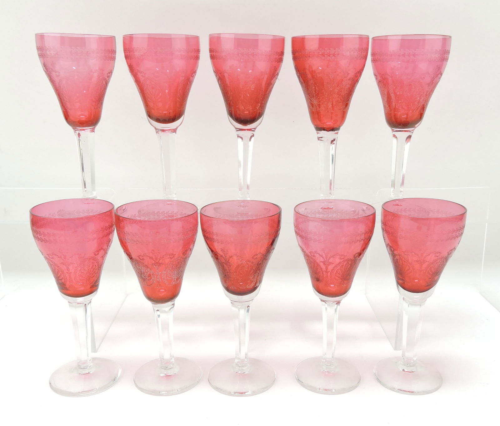 Set of 10 - 6" acid etched cranberry: wine goblets