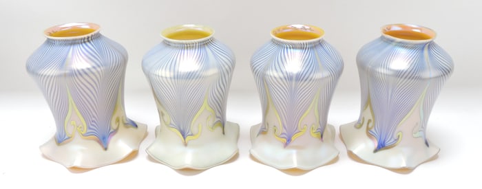 Quezal set of 4 pulled feather art glass