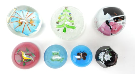 Paperweight lot of 7, 3 signed Ronald