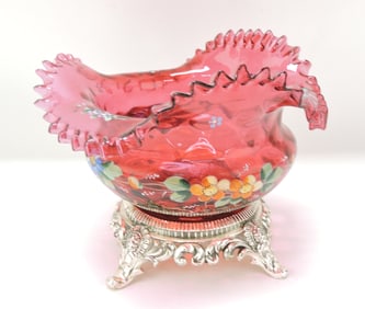 Cranberry floral enamel bride's bowl,