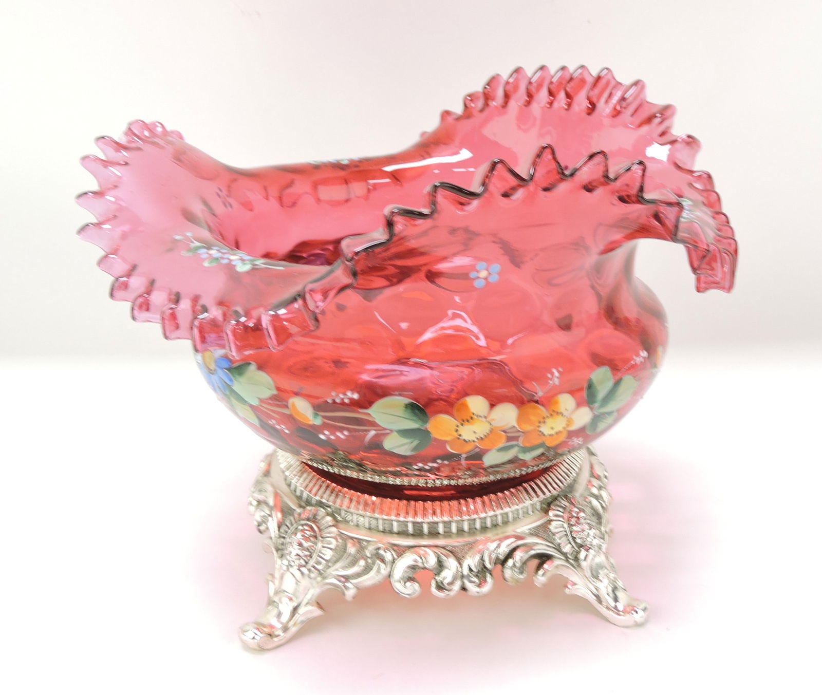 Cranberry floral enamel bride's bowl, (1 of 1)