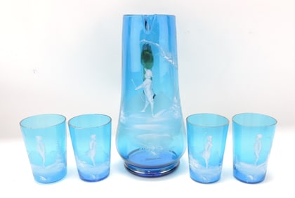 Blue Mary Gregory pitcher 11", and