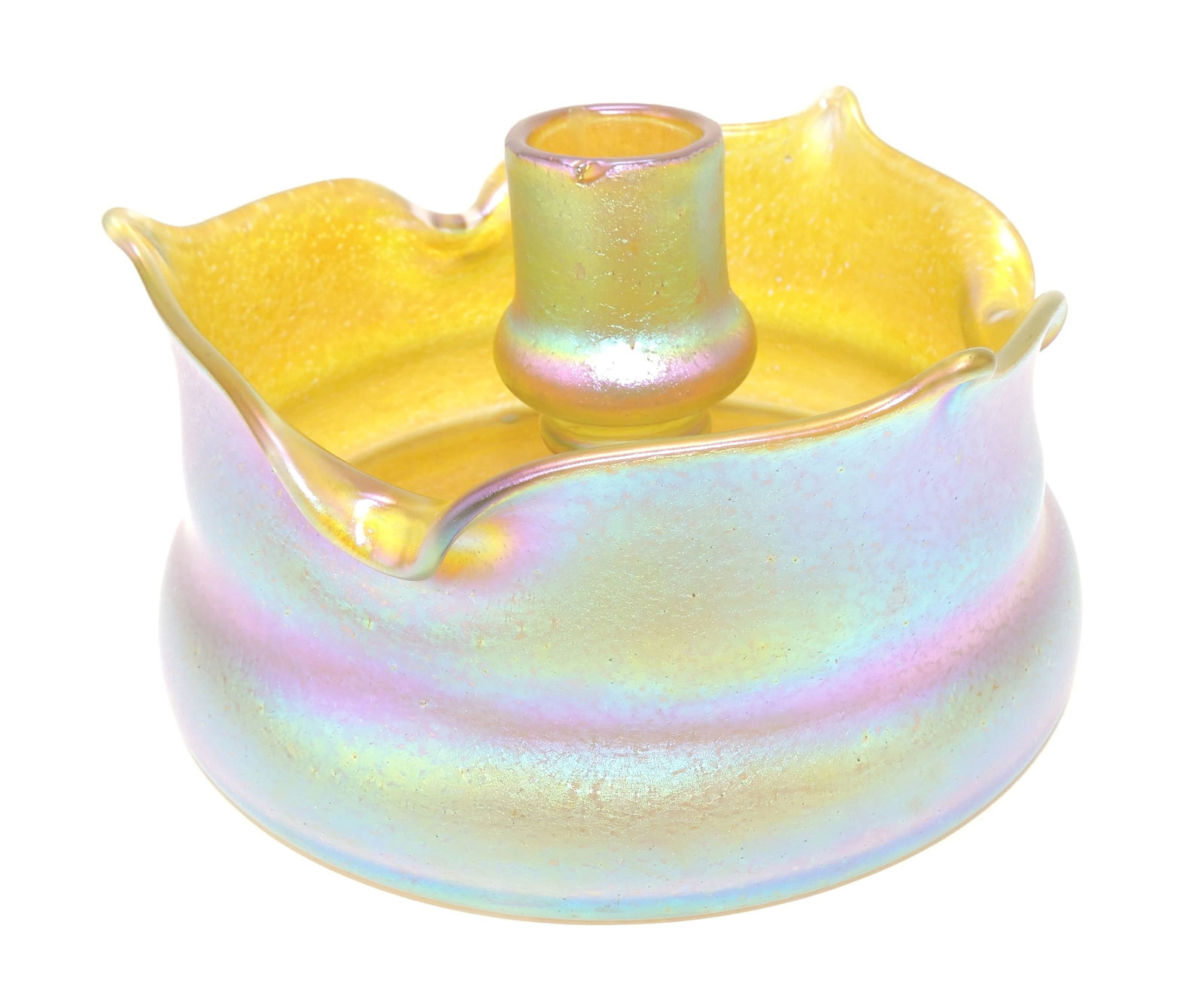 Loetz Kralik art glass iridescent: oil spot cigar ashtray with match holder, 4"h, 6 1/2"w